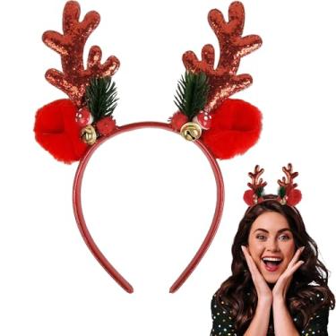 Imagem de TEBIEKOY Faixa de cabeça com chifres de veado vermelho – Fantasia de veado fofa para mulheres, adultos, orelhas de veado, faixa de cabeça com lantejoulas, chifres de rena, fantasia de veado para festa