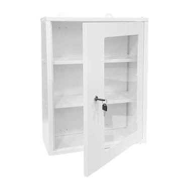 Imagem de JZD Armário de primeiros socorros de parede de metal com fechadura, caixa de medicamentos com janela acrílica bloqueável (não vidro), 2 prateleiras removíveis incluídas, para cozinha, banheiro, branco