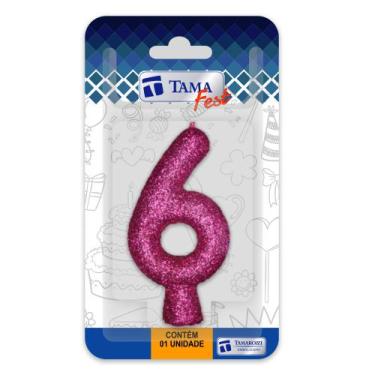 Imagem de Vela Aniversário Branco Glitter Rosa Nº 6 C/ 1 Un. - Tamarozzi