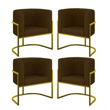 Imagem de Kit 04 Poltronas Lua Sala Decorativa Base Ferro Gold Corino Marrom