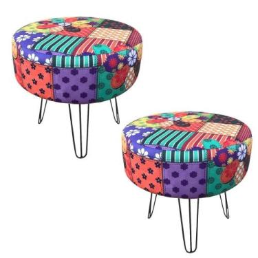 Imagem de Kit 02 Puff Banqueta Rio Redondo Estampado Patchwork Floral Pés De Aço