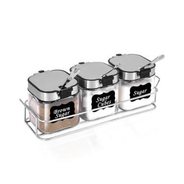 Imagem de Aelga Açucareiro de vidro com tampa e colher, recipiente de açúcar de 250 ml, tampa flip de aço inoxidável com suporte, recipiente de sal para cozinha, acessórios de barra de cofre, bancada, pacote