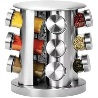 Imagem de Porta Temperos Giratório Inox com 12 Potes de Vidro – Organizador de Condimentos de Bancada com Tampa Rosqueável e Design Moderno Para Cozinha.