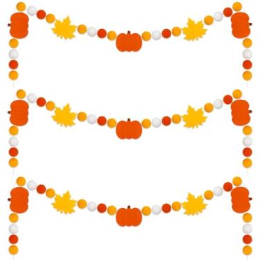 Imagem de JarThenaAMCS 3 peças de guirlanda de feltro de ação de graças de outono faixa de abóbora folha de bordo faixa pendurada laranja amarelo branco pompom bola banner para outono colheita suprimentos de