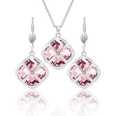 Imagem de Qinpan Conjunto de brincos de pingente de cristal de 14 mm para mulheres banhado a ouro, 38*17.8mm, Platina, Quartzo rosa