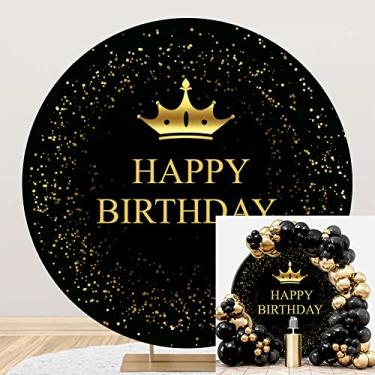 Imagem de OERJU Capa de fundo redonda de aniversário preto e dourado, 2,3 x 2,3 m, coroa dourada, lantejoulas, bolinhas, feliz aniversário, pano de fundo redondo, para festa de aniversário, decoração de bolo,
