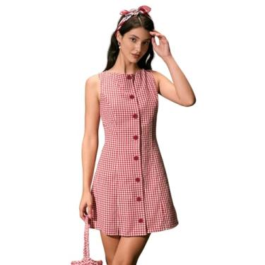 Imagem de BERLOOK Vestido feminino de algodão xadrez elegante com gola canoa, Vermelho, PP