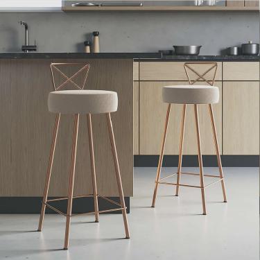 Imagem de Kit 02 Banqueta Alta Com Encosto Tânia Eiffel Cozinha Bar Bistrô Ferro Bronze Suede Bege - Ahazzo Móveis