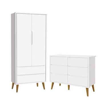Imagem de Jogo de Quarto Infantil Theo Guarda Roupa 2 Portas e Cômoda 6 Gavetas com Pés Amadeirado - Reller Móveis Branco Fosco
