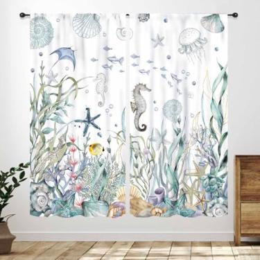 Imagem de Cortinas de praia náuticas, cavalo-marinho costeiro submarino animal azul quarto infantil cortinas tratamentos, oceano coral verão sala de estar banheiro conjunto de 2 peças, 106 x 137 cm