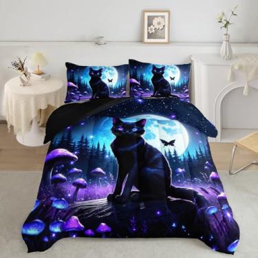 Imagem de AILONEN Conjunto de edredom de gato preto, desenho animado roxo, cogumelo, tamanho Queen, espaço estrelado noturno, lua, fada, gato, 1 edredom com 2 fronhas, 3 peças