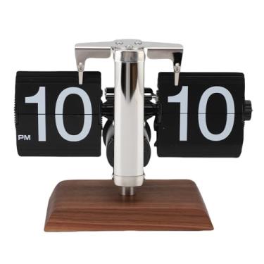 Imagem de Relógio de Flip Vintage, Relógio Automático de Girar a Página Mecânica Com Grande Número para a Mesa da Sala de Estar, Mini Flip Desk Relógio Relógio Digital Com Base de Madeira