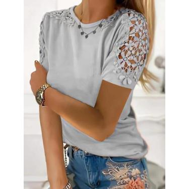 Imagem de Camiseta Feminina Plus Size de Renda Vazada - Gola Redonda, Soltinha e