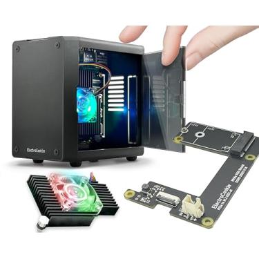 Imagem de ElectroCookie Mini capa de PC para Raspberry Pi 5 com M.2 NVMe SSD PCIe HAT e cooler de iluminação RGB ativo (capa preta + chapéu M.2 [SSD ECR5])
