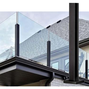 Imagem de Correio de vidro post preto, painéis de cerca de piscina externa Post/balauster poste com base quadrada, clipe de vidro do sistema de coluna de coluna de convés fácil de instalar, final, fin