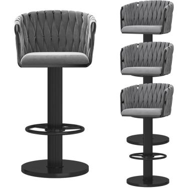 Imagem de Bancos de barra giratória Conjunto de 2, cadeiras de jantar com estofamento de veludo com traseiras tecidas, bancos modernos da ilha da cozinha com apoio de pé, altura ajustável 65-80cm, bra