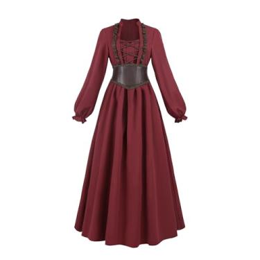 Imagem de Nuoqi Vestido feminino renascentista, vestido vitoriano, fantasia medieval com cinto espartilho, Vermelho, G