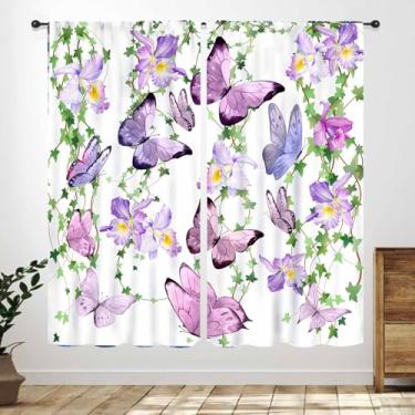 Imagem de Cortinas de borboleta roxa, flores em aquarela de primavera, borboleta, campo, vinhas verdes, quarto, sala de estar, cozinha, cortinas, tratamentos, 2 painéis, 106 x 137 cm