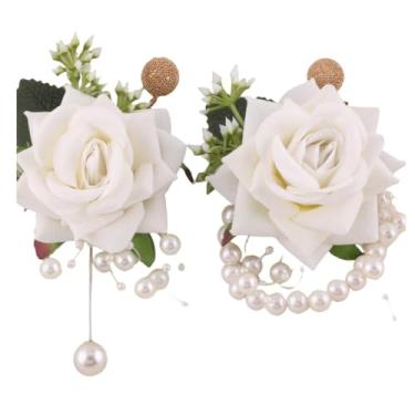 Imagem de IUTZCAXU Conjunto de corpete de pulso rosa branca e flor na lapela com detalhes de pérola, noivo floral para casamento, formatura, dama de honra, padrinho