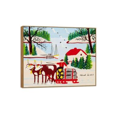 Imagem de Maud Lewis Famosa Pintura-Impressões em Tela Reprodução-Quadro Sala de Estar(Oxen Hauling Logs in Winter) 50x60cm-19x23in Moldura de Wooden
