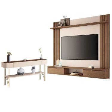 Imagem de Painel para TV Suspenso Solus e Aparador Vivant Castanho Off White - HB Móveis