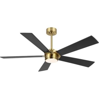 Imagem de ELEHINSER Ventilador de teto de 137 cm com luz e controle remoto, luz LED regulável moderna, motor CC reversível sem ruído de 6 velocidades, ventilador de teto de 5 compensados preto/dourado