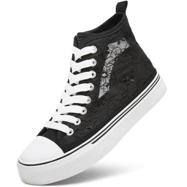 Imagem de ZGR Tênis feminino de cano alto com flores bordadas, sapatos casuais de lona de malha respirável, tênis de verão branco para mulheres, Preto, 35