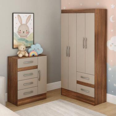 Imagem de Quarto Infantil com Cômoda 4 Gavetas e 1 Porta Guarda-Roupa 4 Portas e 2 Gavetas Ninho Castanho/Off White