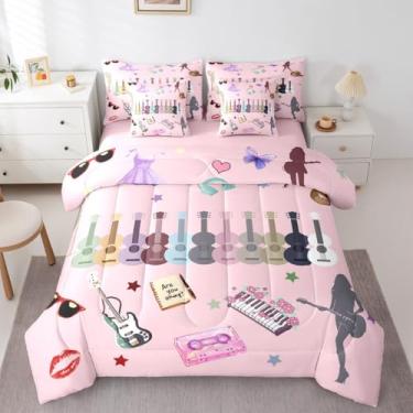 Imagem de Erosebridal Jogo de cama King com tema de guitarra para fãs de música, rosa, para crianças, meninas, mulheres, moderno, aniversário, dia dos namorados, conjunto de lençol com edredom