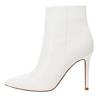Imagem de HECATER Botas de cano curto femininas salto alto agulha bico fino com zíper, Branco fosco, 35