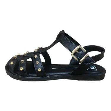 Imagem de Sandalia Moleca Rasteira Tachas Metalicas Fivela, 38, Preto