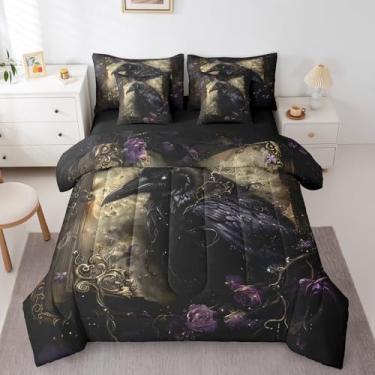 Imagem de Conjunto de edredom infantil com estampa de corvo gótico, tamanho queen, pássaro, preto, animal, Halloween, reversível, roxo, floral, dourado, xadrez, edredom com edredom, lençol e fronha