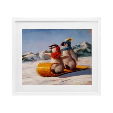 Imagem de Stupell Industries Toboggan Sleigh Ride Penguins Impressão emoldurada branca sob vidro design por Lucia Heffernan, 17 x 21