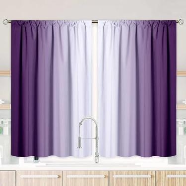 Imagem de Cortinas de cozinha roxas com 2 painéis para sala de jantar, cortina branca roxa e cinza, 91 cm de comprimento, bolso semitransparente, painel de tratamento de janela para sala de estar, 69,8 cm x