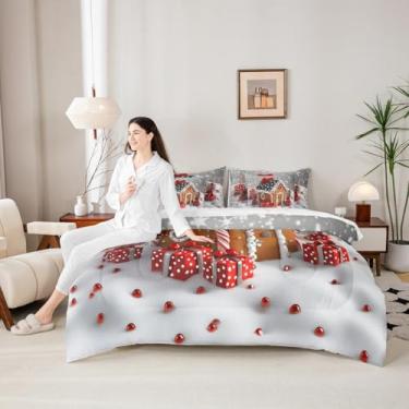 Imagem de Manfei Conjunto de edredom casal, presente de floco de neve de inverno, decoração rústica de bolinhas de neve para todas as estações, branco vermelho e amarelo (elástico + lençol + 2 fronhas + 2