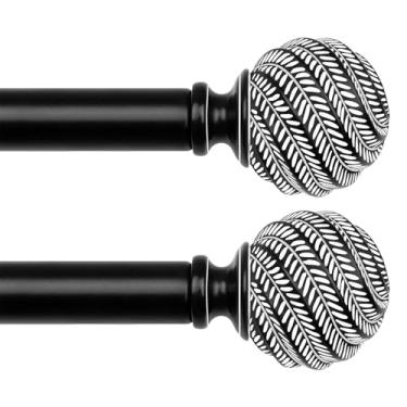 Imagem de Hastes de cortina pretas para Windows pacote com 2, hastes de cortina resistentes ajustáveis de 2,5 cm TONIAL 82-86 polegadas com acabamentos em padrão de folha de grãos, varão de cortina boho para