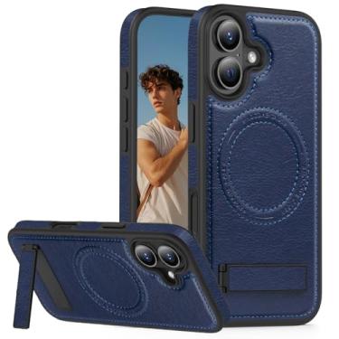 Imagem de Fofvccv Capa de anel magnético para Apple iPhone 17 com suporte, compatível com Magsafe carregamento sem fio couro PU capa protetora fina à prova de choque para iPhone 17 JD azul