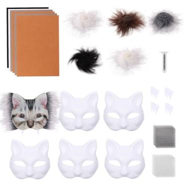 Imagem de Kit de máscara de 6 peças, máscara de gato com telas de olhos de pele e adesivos de pedras preciosas, máscaras peludas de fantasia faça-você-mesmo, baile de máscaras (marrom)