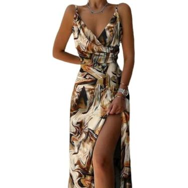 Imagem de Senhoras Verão Novo Suspensório Com Decote Em V Fenda Impressão Vestido De Viajante, Brown Print, M