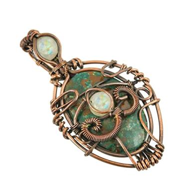 Imagem de Copperie Colar de joias com pingente de malaquita azurita natural e pedra da lua com pingente de fio de cobre 45,7 cm