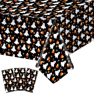 Imagem de Oudain 3 peças de toalha de mesa de Halloween descartável de plástico com fantasmas assombrados, abóbora, morcegos assustadores, teia de aranha, faixa retangular para decoração de festa em ambientes