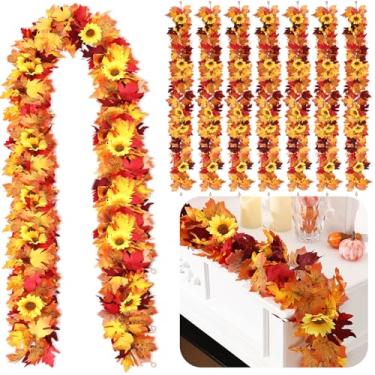 Imagem de Janinka Pacote com 12 guirlandas de outono de 20,7 m com girassóis, folhas de bordo e frutos silvestres, folha artificial, para o dia das bruxas, colheita, lareira, decoração interna e externa