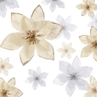 Imagem de WILLBOND 24 peças, 3 tamanhos, flores de poinsétia com glitter, casamento, flores falsas, enfeites de decoração de Natal para árvore ao ar livre (8,2/10/15 cm, ouro e prata)