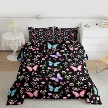 Imagem de Feelyou Conjunto de cama de borboleta, macio, para meninos e meninas, fofo, flores, borboletas, edredom solteiro, preto, rosa, microfibra, jardim, floral, decoração de quarto, 2 peças com 1 fronha