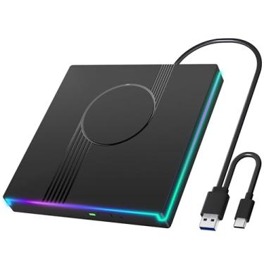 Imagem de Wbacon Unidade de CD/DVD externa RGB para laptop, unidade de CD externa USB 3.0 Tipo-C leitor de DVD portátil, gravador de CD +/-RW, unidade externa fina de CD ROM para laptop, desktop, Windows, Mac