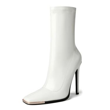 Imagem de Reitoye Botas femininas de cano médio confortável bico quadrado fechado bota de salto alto com zíper botas curtas no tornozelo, Branco - stiletto, 7