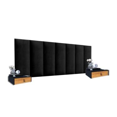 Imagem de Kit 2 Mesas Criado Suspenso + Cabeceira 8 Placas Módulo 45x20 Cor Preto Tecido Suede (Preto/Nature - Preto)