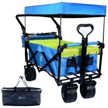 Imagem de Carrinho Vagão Dobrável Multifuncional com Dossel Removível e Armazenamento, Napfox, Azul e Verde