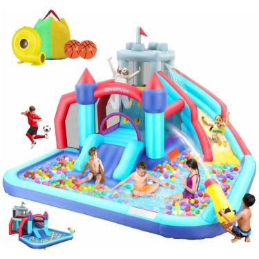 Imagem de Parque Aquático Inflável 10 em 1, até 150 kg com Corrediça de Água, Parede de Escalada e Cesta de Basquete, WONFUY, Colorido