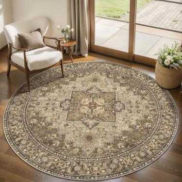 Imagem de Ciicool Boho Tapete redondo de 1,5 x 1,5 m lavável para quarto tapete de entrada oriental antiderrapante tapete circular interno de pelo baixo para sala de jantar
